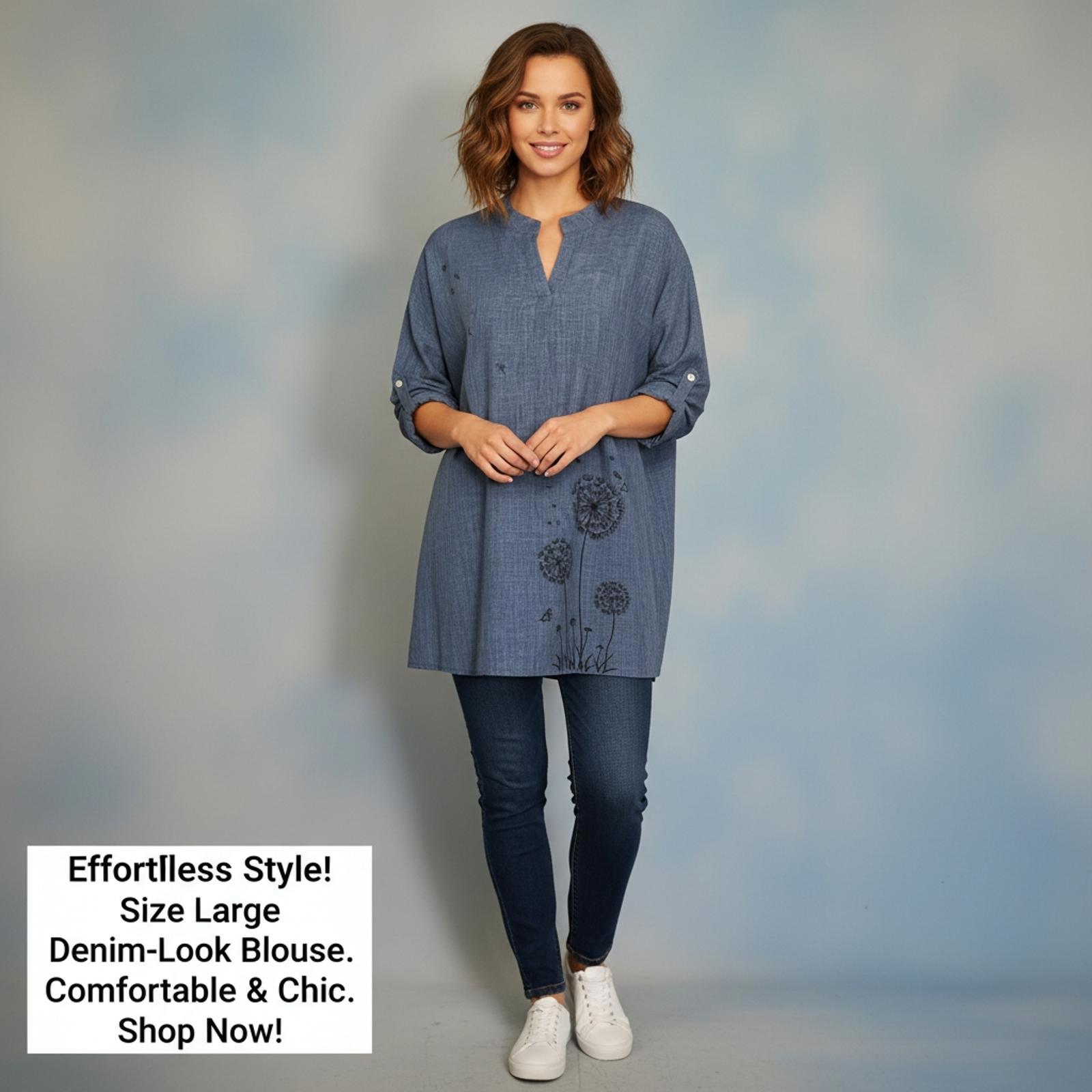 Denim-Look Blue Tunic Blouse With Floral Detail, Size Large